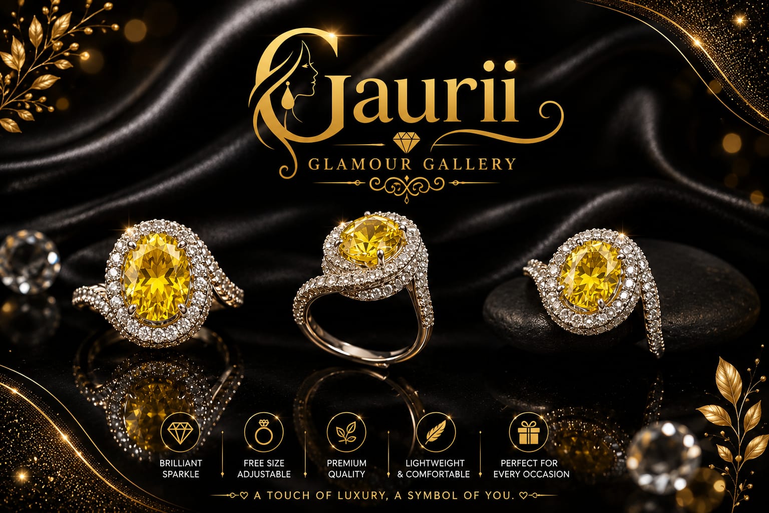 Yellow Crystal Free Size Ring